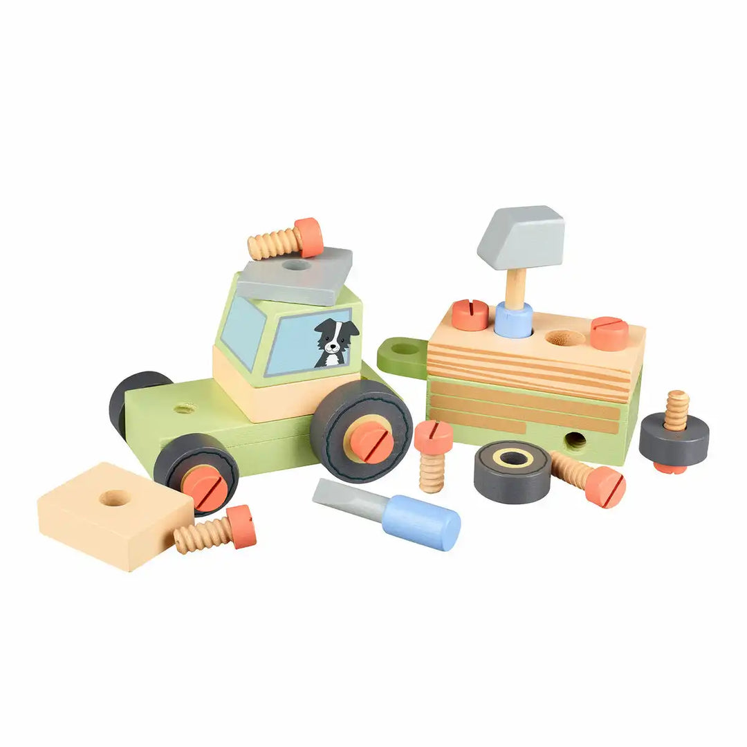 Orange Tree Toys buildable tractor  with tools on a white background