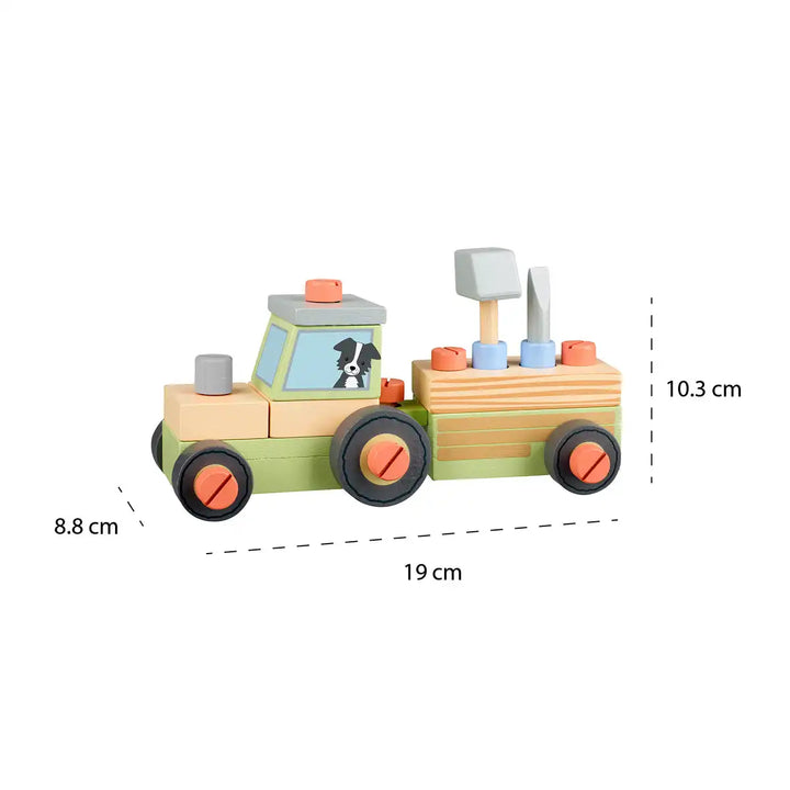 Orange Tree Toys buildable tractor with measurements on a white background