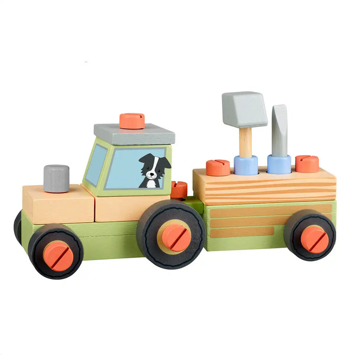 Orange Tree Toys buildable tractor made of interlocking blocks on a white background