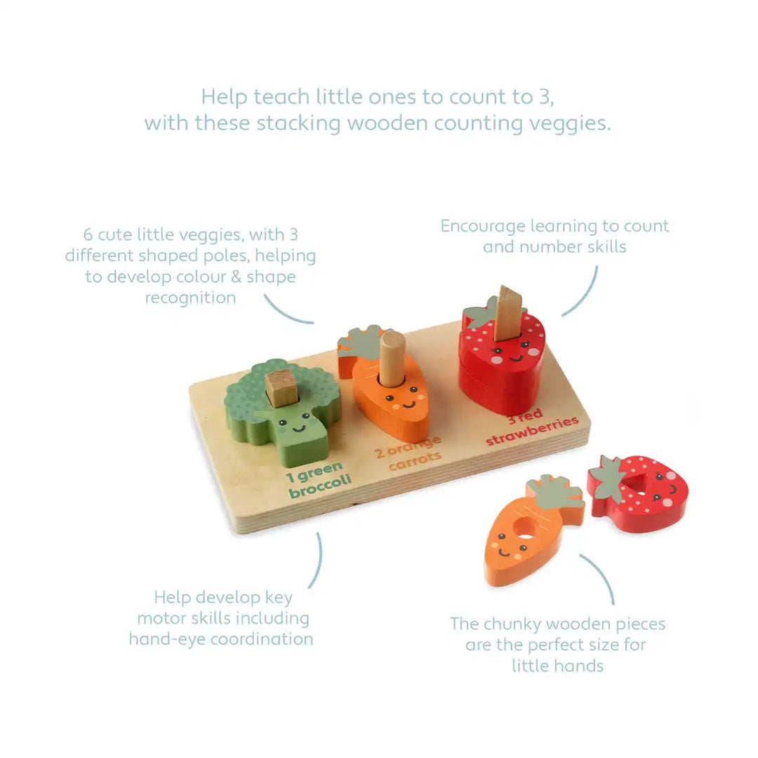 Orange Tree Toys counting veggies wooden vegetables toy with educational text on a white background