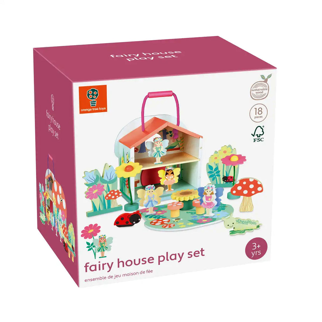 Orange Tree Toys colourful fairy house play set packaging with pink and white design