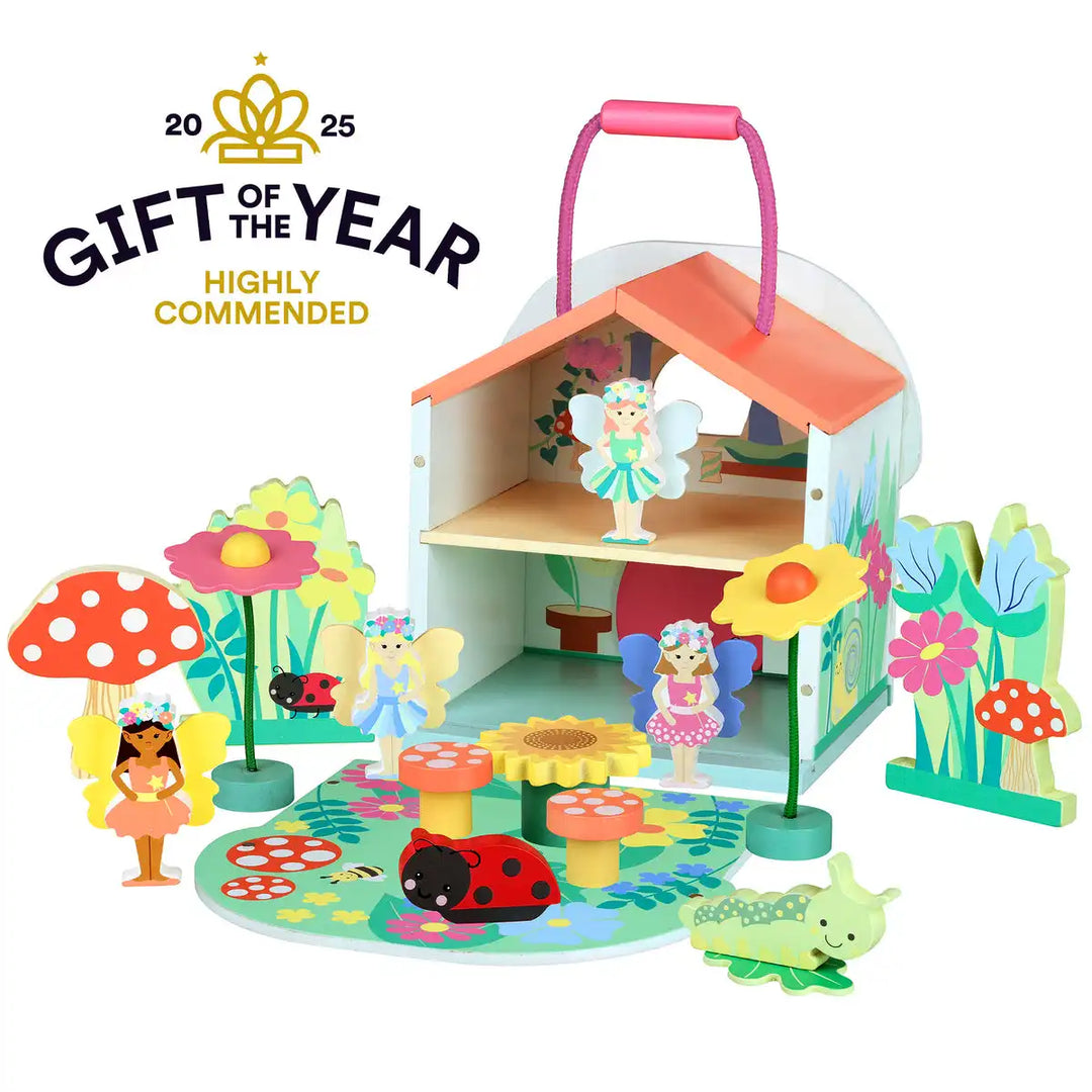 Orange Tree Toys colourful fairy house play set with characters and accessories on a white background, featuring 'Gift of the Year Highly Commended' text.