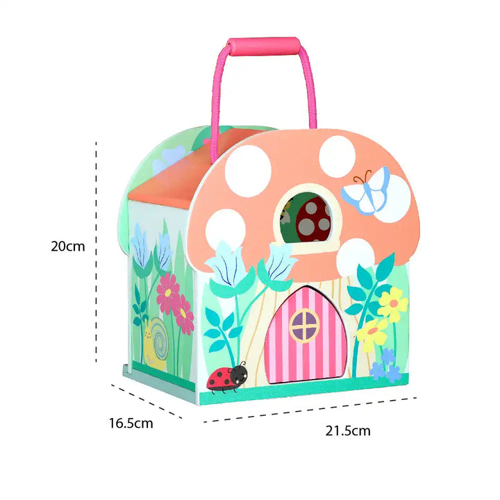 Orange Tree Toys colourful fairy house play set with measurements on a white background
