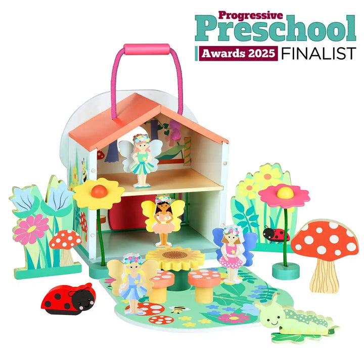 Orange Tree Toys colourful fairy house play set with fairies and garden accessories, featuring 'Progressive Preschool Awards 2025 Finalist' text.