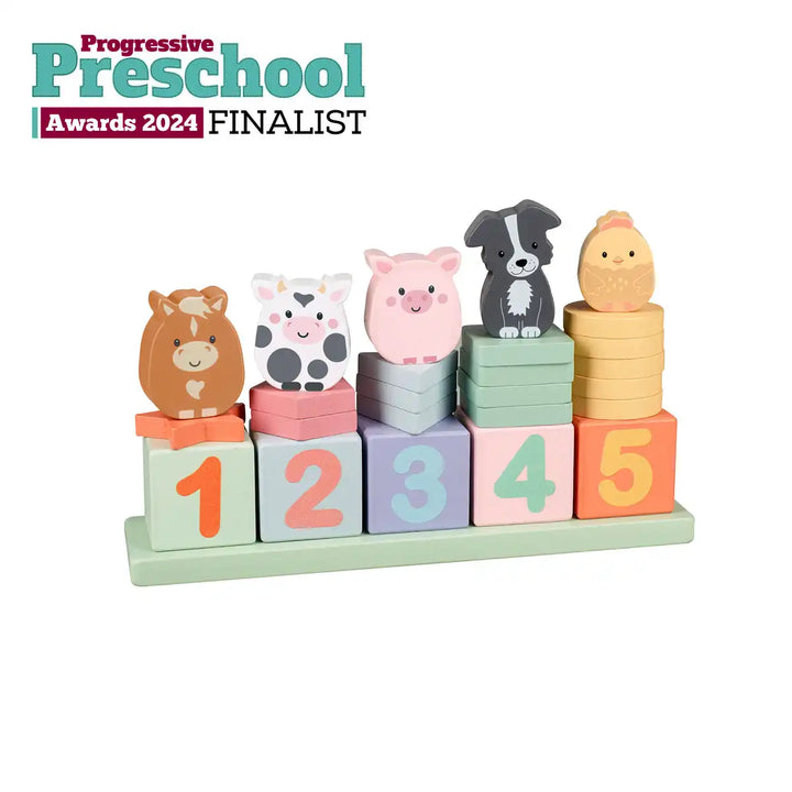 Set of colourful Orange Tree Toys farmyard animal-themed building blocks with numbers, featuring 'Progressive Preschool Awards 2024 Finalist' text.