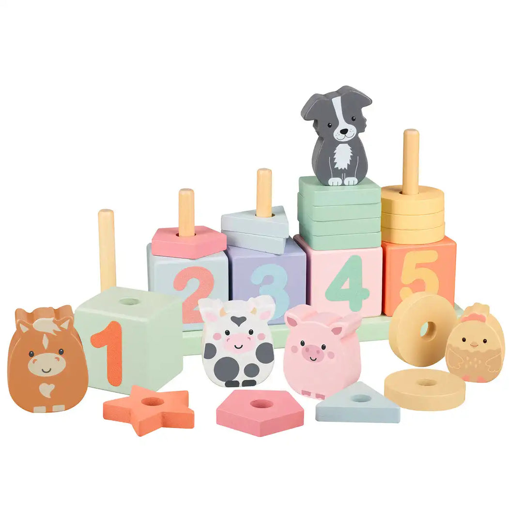 Set of colourful Orange Tree Toys farmyard wooden blocks with numbers and animal shapes on a white background