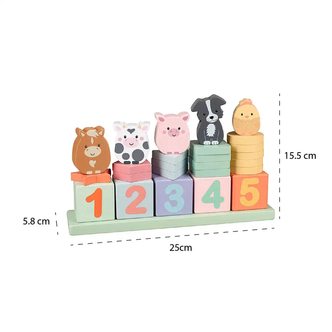 Set of colourful Orange Tree Toys farmyard animal-themed counting game building blocks with numbers on a white background