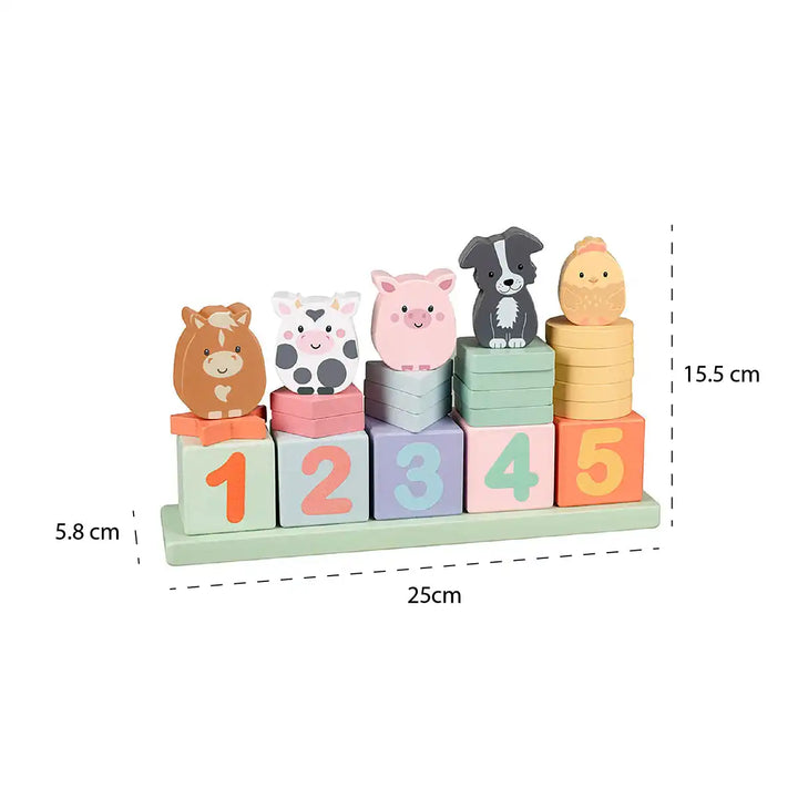 Set of colourful Orange Tree Toys farmyard animal-themed counting game building blocks with numbers on a white background
