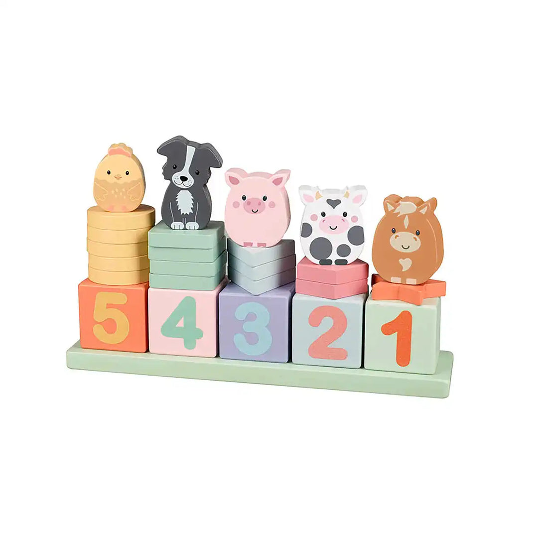 Set of colourful Orange Tree Toys farmyard animal-themed building blocks with numbers on a white background