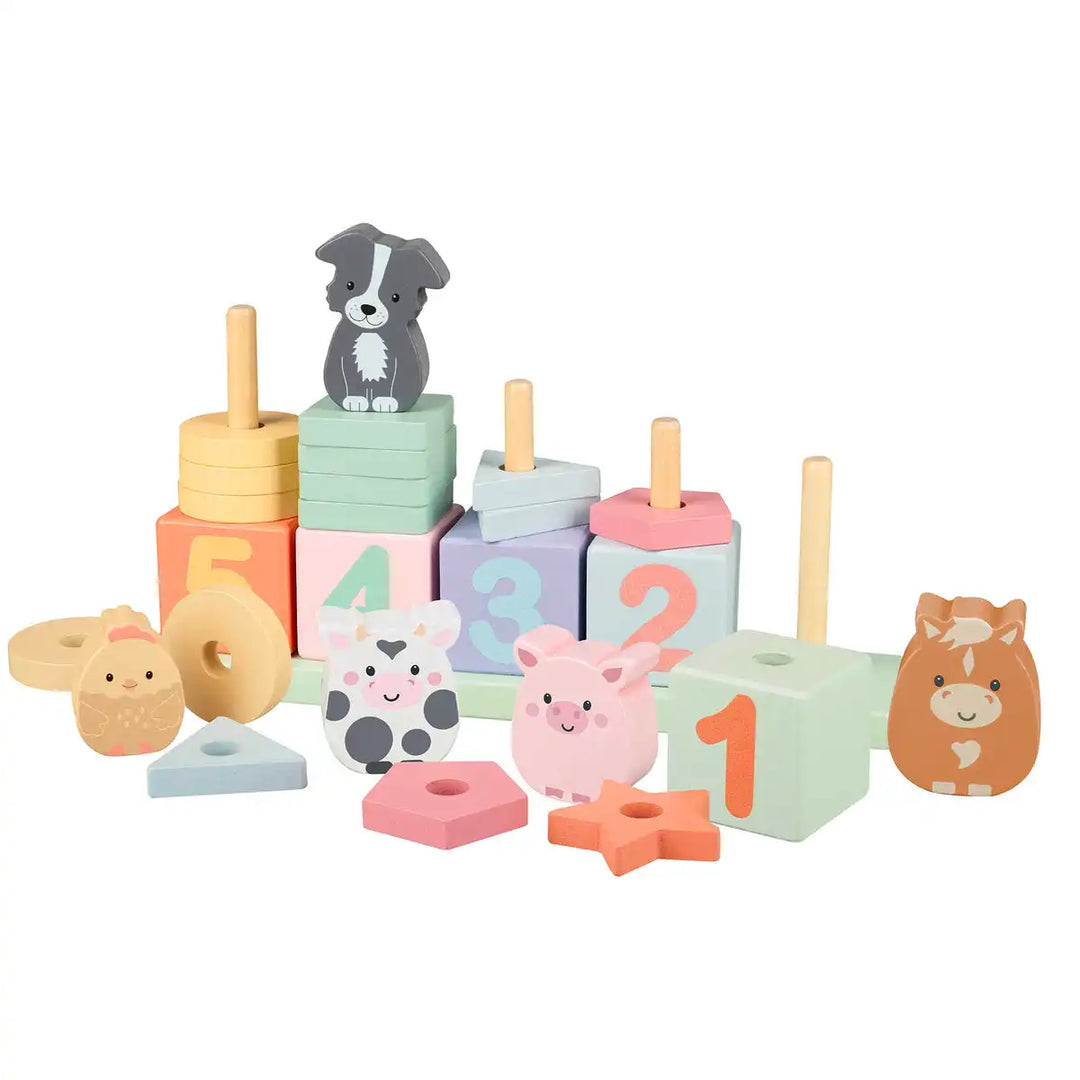 Set of colourful Orange Tree Toys farmyard wooden blocks with animal shapes and numbers on a white background