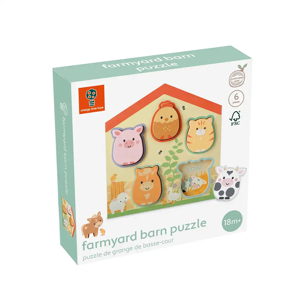 Box of the Orange Tree Toys farmyard barn puzzle with animal illustrations on a white background