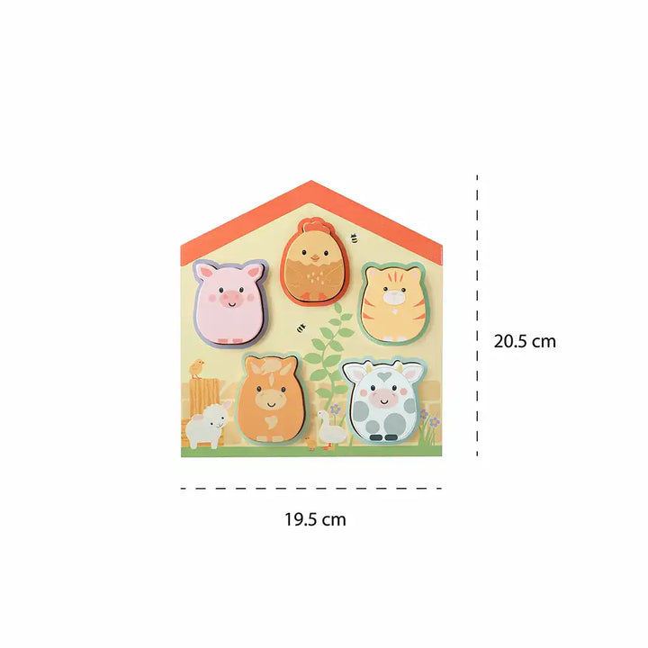 Orange Tree Toys farmyard animal-themed puzzle in a house-shaped holder with dimensions on a white background