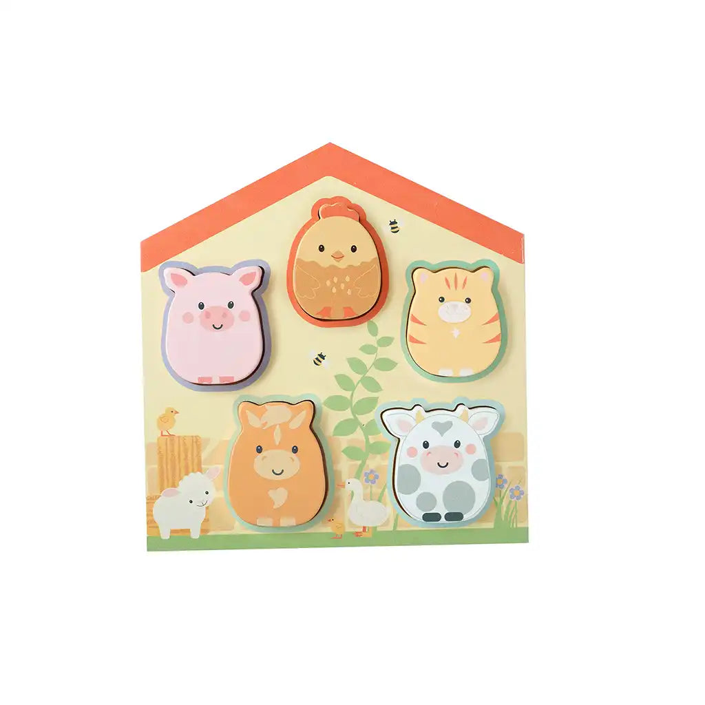 Orange Tree Toys farmyard animal-themed puzzle in a house-shaped holder on a white background