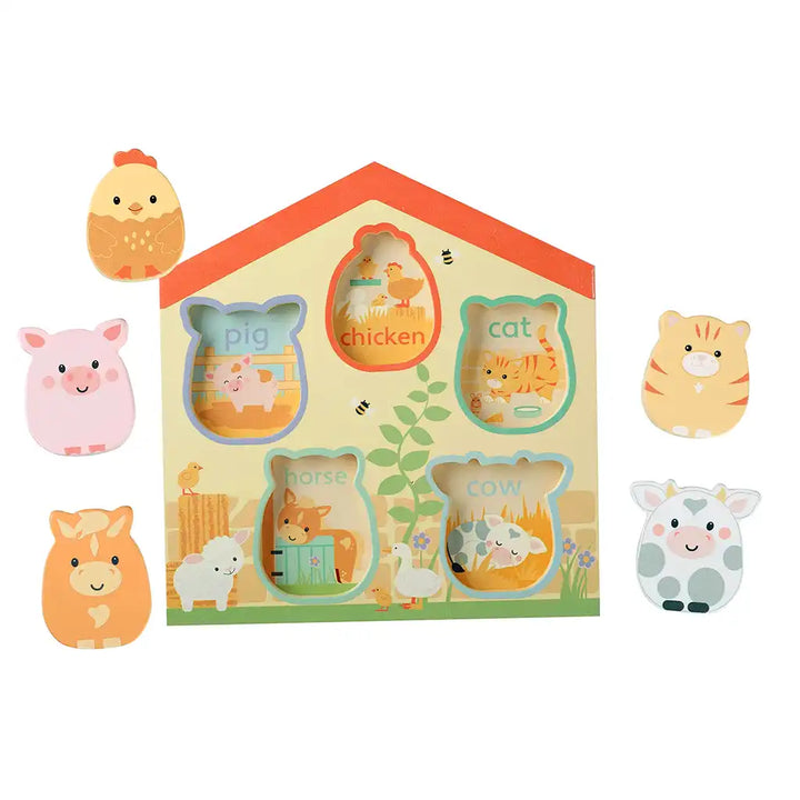 Orange Tree Toys farmyard animal-themed puzzle in a house-shaped holder on a white background