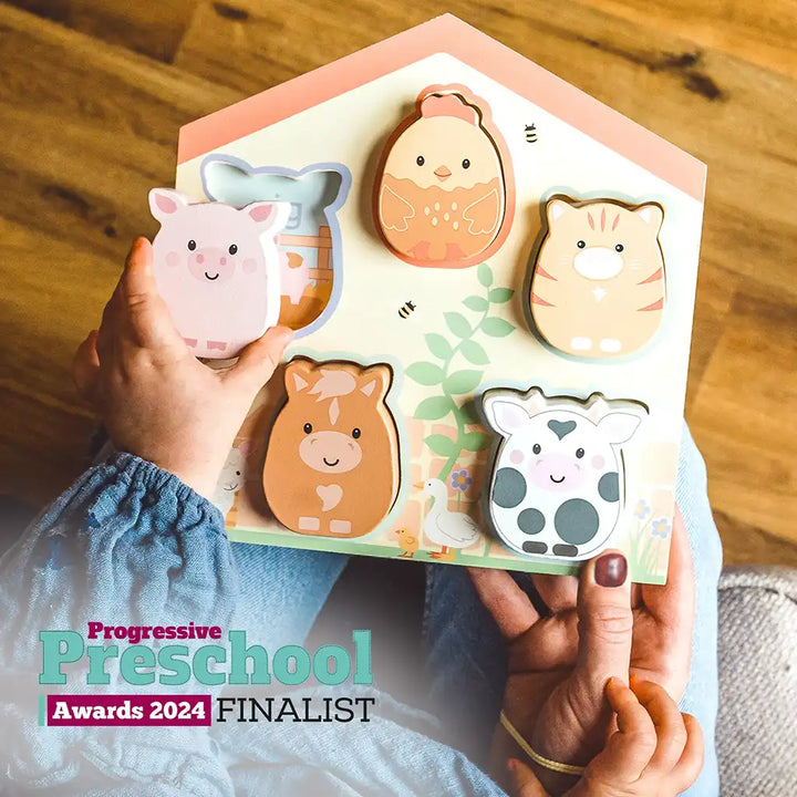 Set of Orange Tree Toys animal-shaped farmyard puzzle with 'Progressive Preschool Awards 2024 Finalist' award