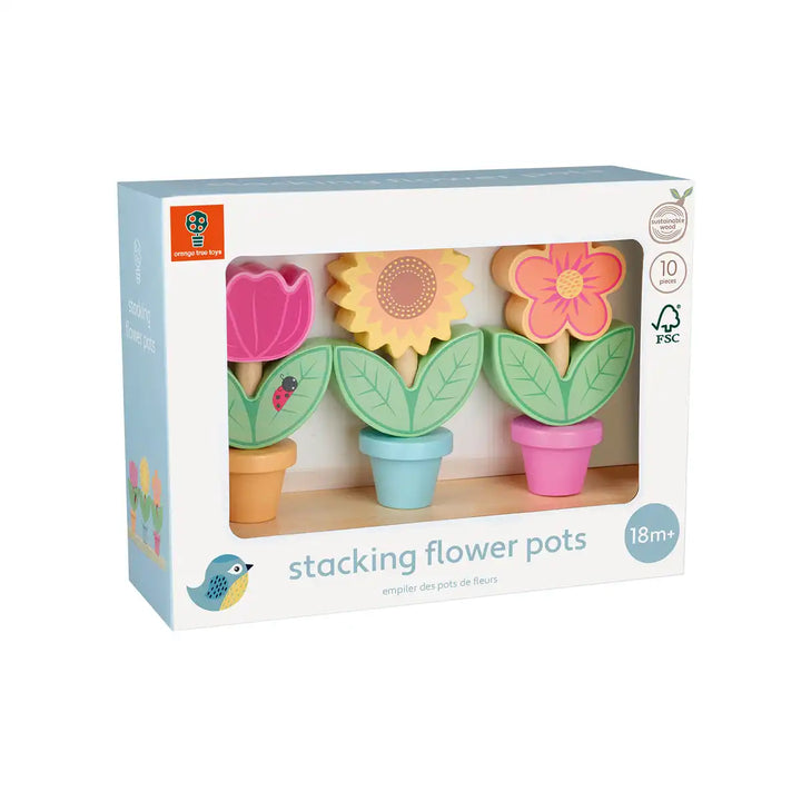 Box of Orange Tree Toys set of three wooden stacking flower pots with colourful designs on a white background