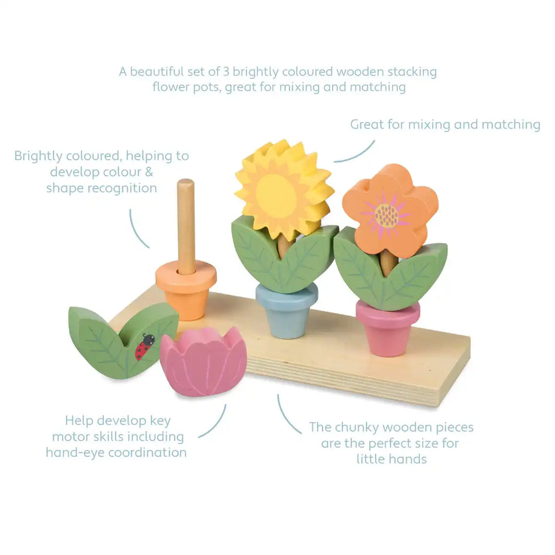 Orange Tree Toys set of three wooden stacking flower pots on a stand with text describing its features.