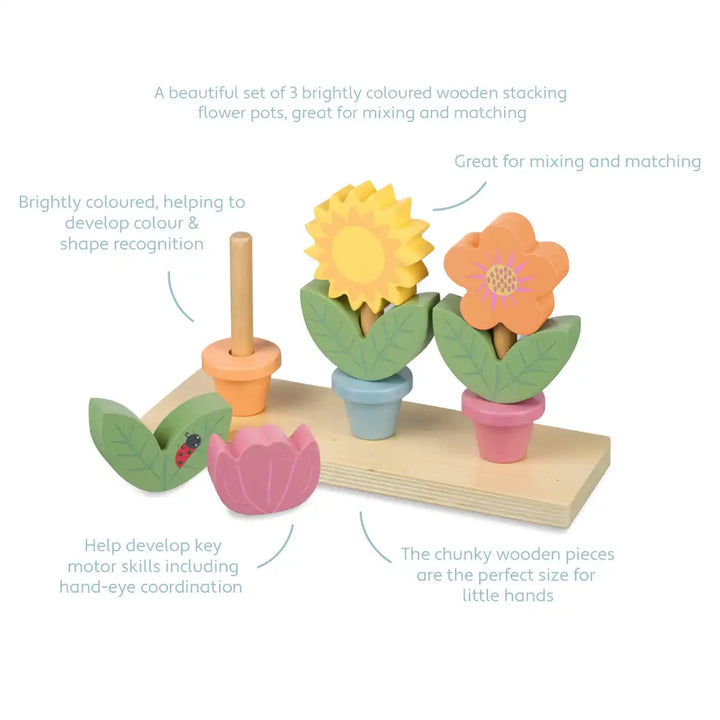 Orange Tree Toys set of three wooden stacking flower pots on a stand with text describing its features.