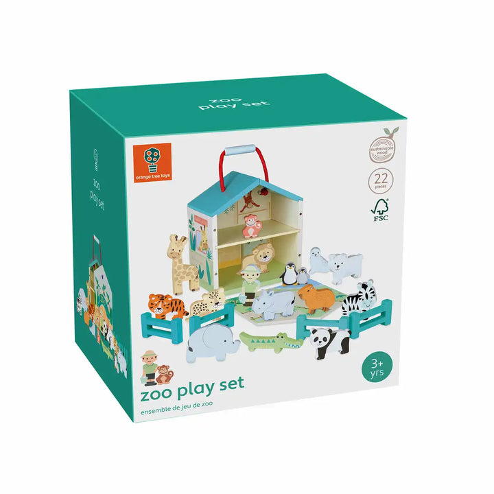 Orange Tree Toys zoo toy play set packaging with toy animals and a building on a white background