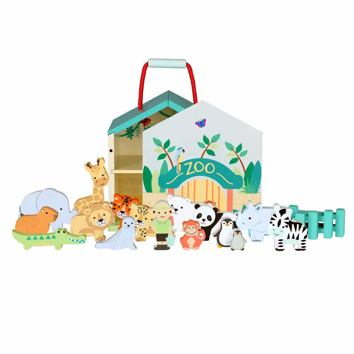 Orange Tree Toys zoo toy play set with animal figures and a 'Zoo' themed playhouse on a white background