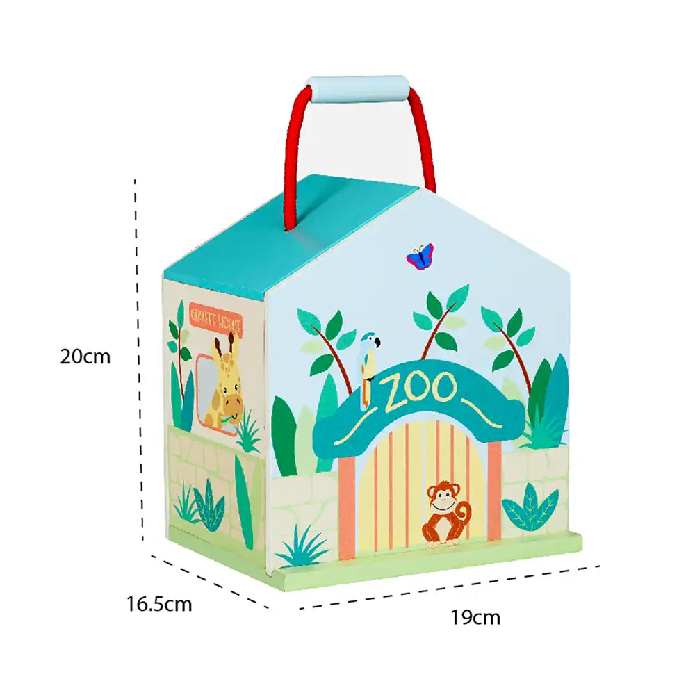 Orange Tree Toys zoo toy play set with zoo design and dimensions on a white background