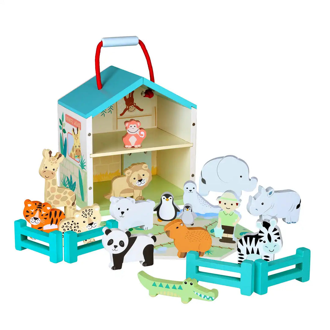 Orange Tree Toys zoo toy play set with animal figures and a colourful playhouse on a white background