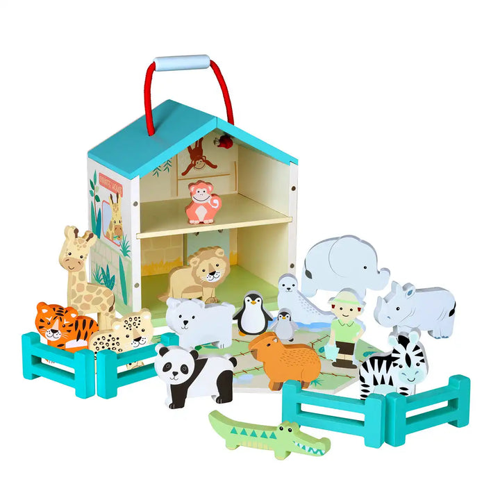 Orange Tree Toys zoo toy play set with animal figures and a colourful playhouse on a white background