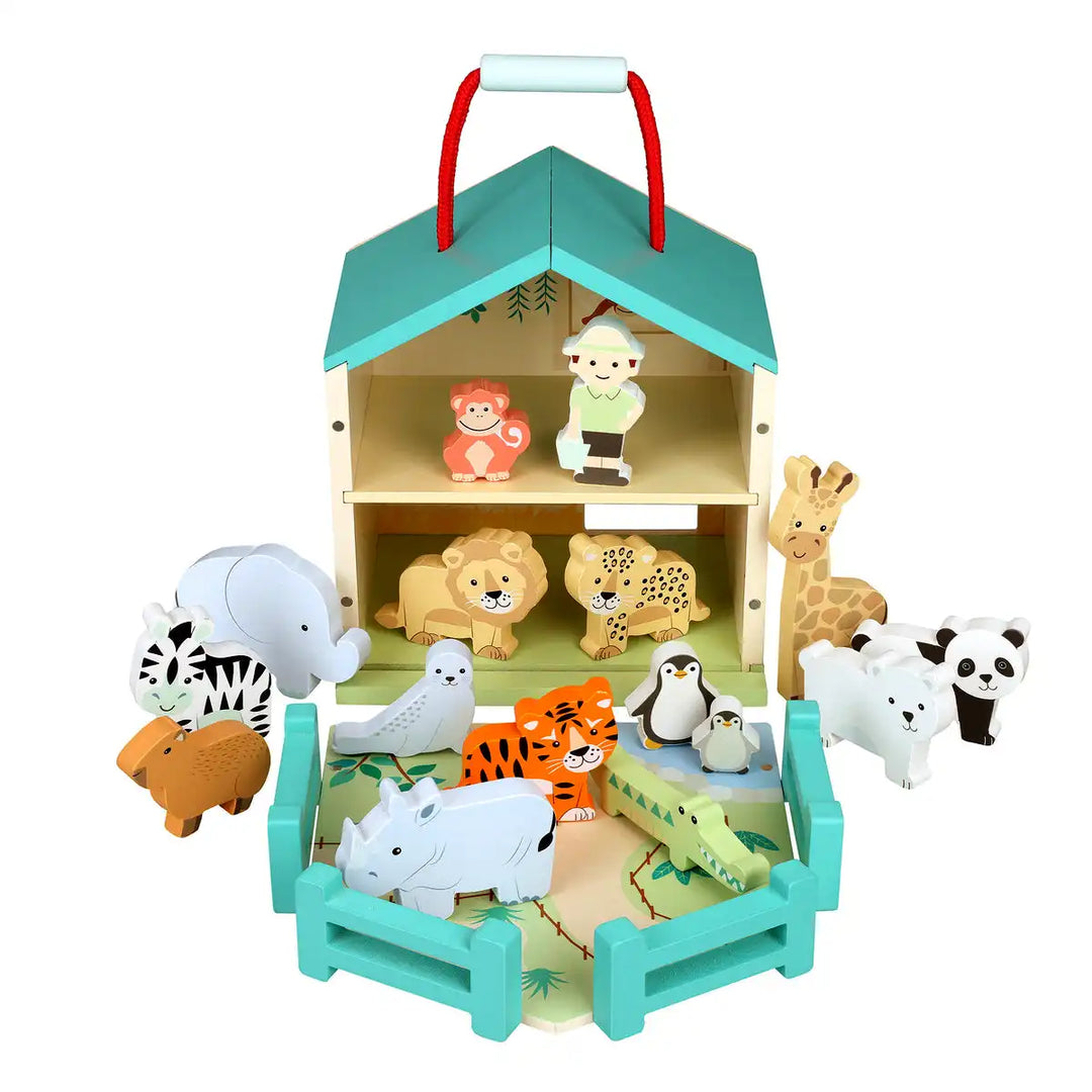 Orange Tree Toys zoo toy play set with a wooden house structure on a white background