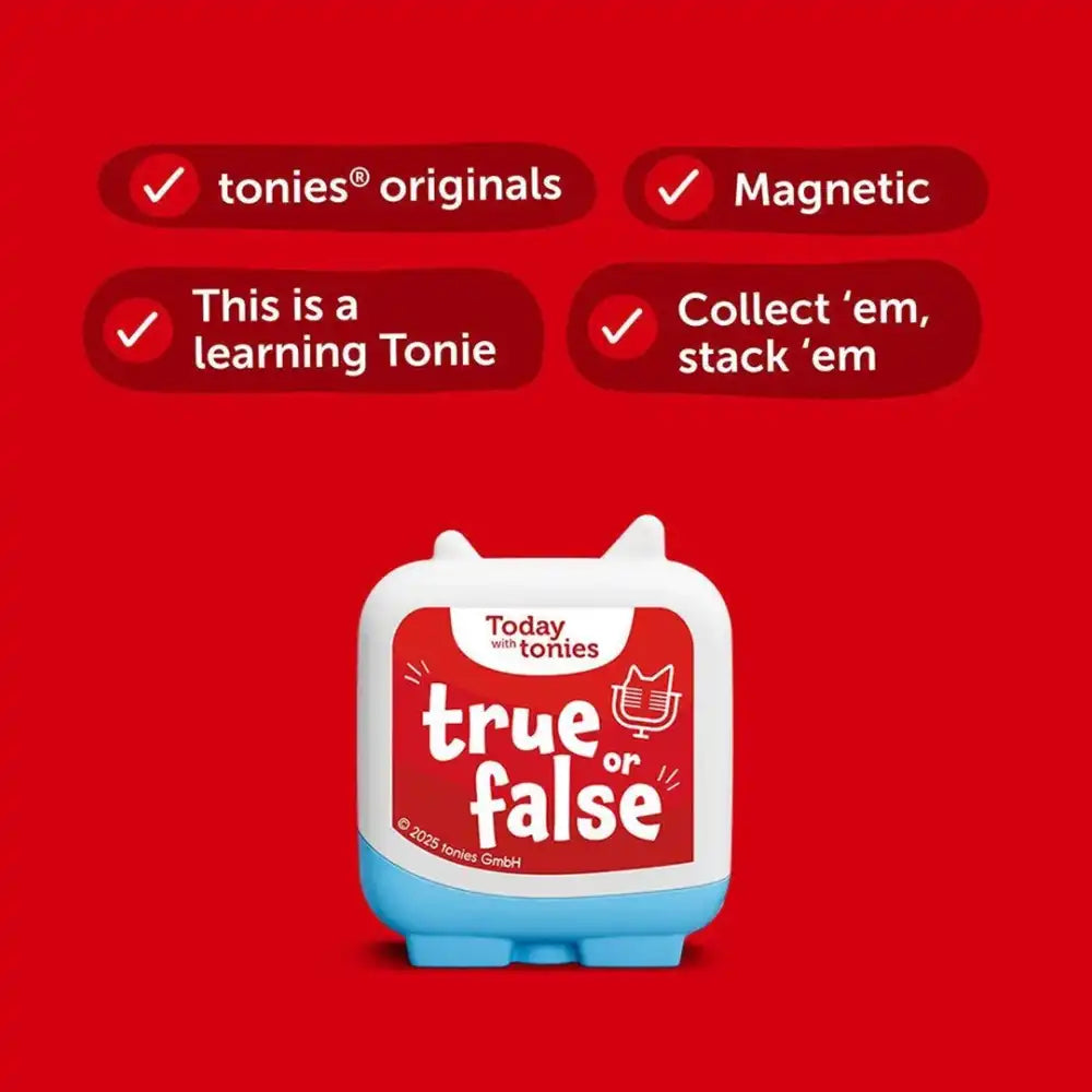 Close-up detail of Pocket Tonies "Tonie True or False," highlighting compact size and interactive audio content.