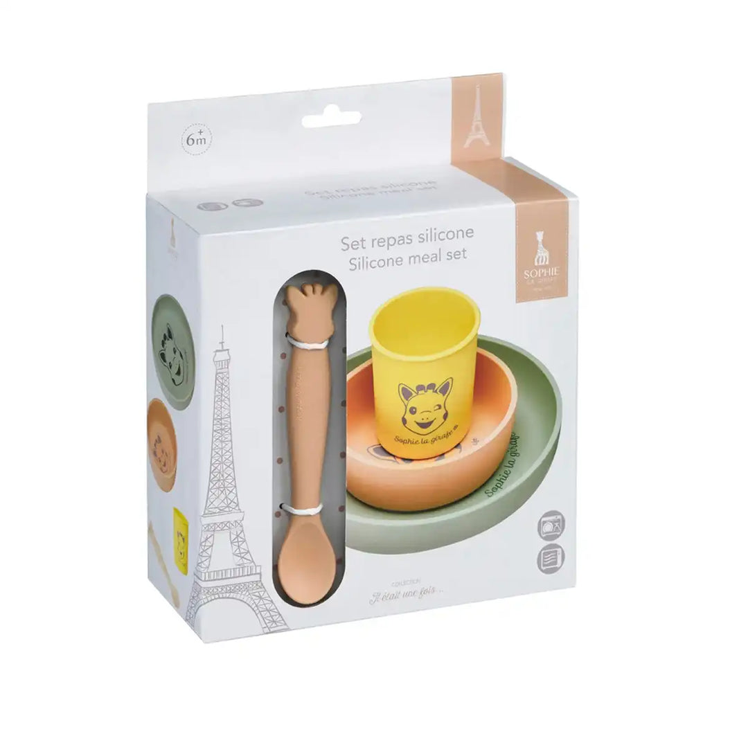Sophie La Girafe silicone meal set packaging with cup, spoon, and plate on a white background