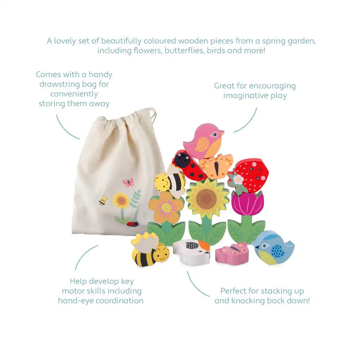 Orange Tree Toys stacking spring garden set of colourful wooden pieces with a drawstring bag on a white background