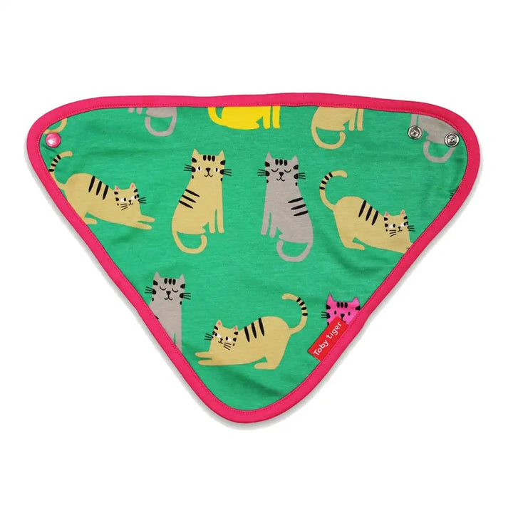 Toby Tiger organic triangular green fabric with cat pattern and pink border on a white background
