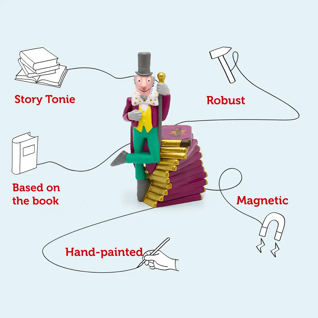 Detail shot of Tonies "Charlie and the Chocolate Factory" figure, highlighting its design and audio storytelling features.