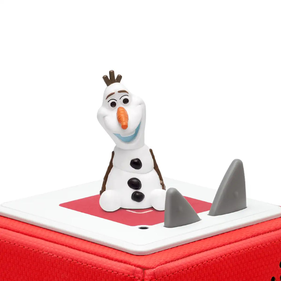 Disney Olafs Frozen Adventure Tonies audio book figure on top of a Toniebox 2 