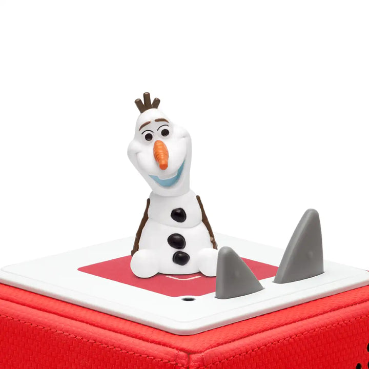 Disney Olafs Frozen Adventure Tonies audio book figure on top of a Toniebox 2 