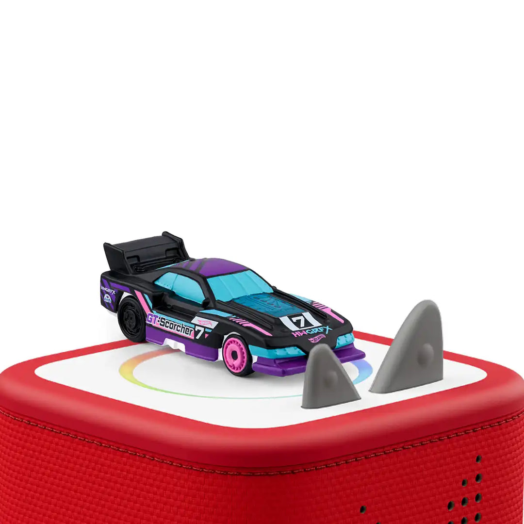 Hot Wheels audio book figure on top of a Toniebox 2