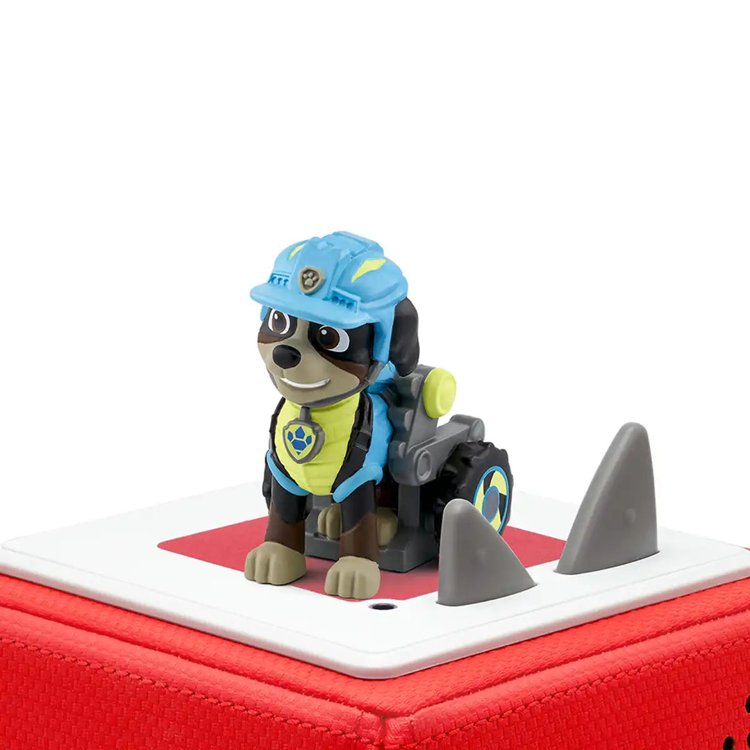 Paw Patrol Rex Tonies audio book figure on top of a Toniebox 2 