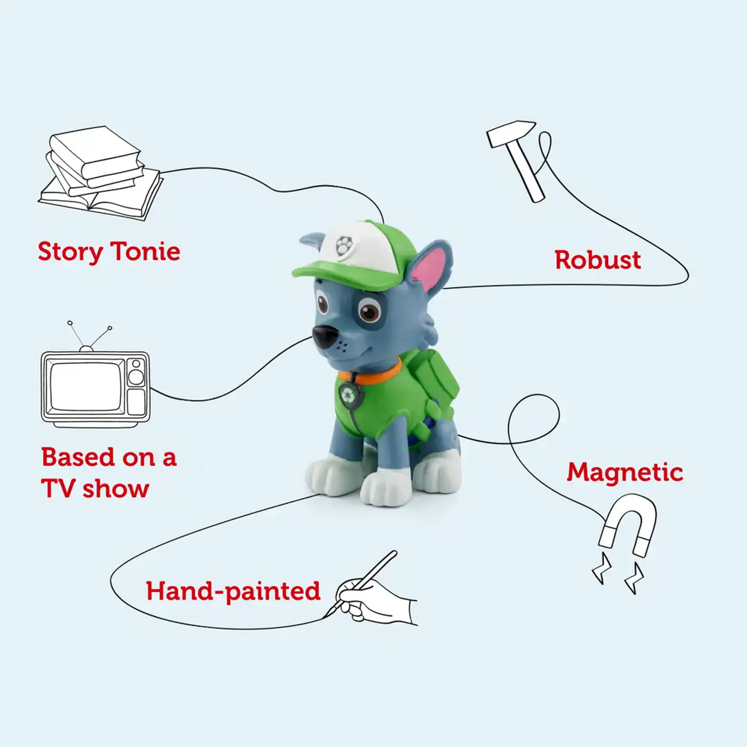 Paw Patrol Rocky Tonies audio book figure infographic
