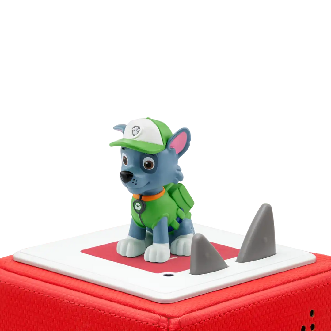 Paw Patrol Rocky Tonies audio book figure on top of a Toniebox 2 