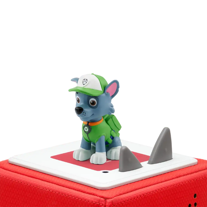 Paw Patrol Rocky Tonies audio book figure on top of a Toniebox 2 