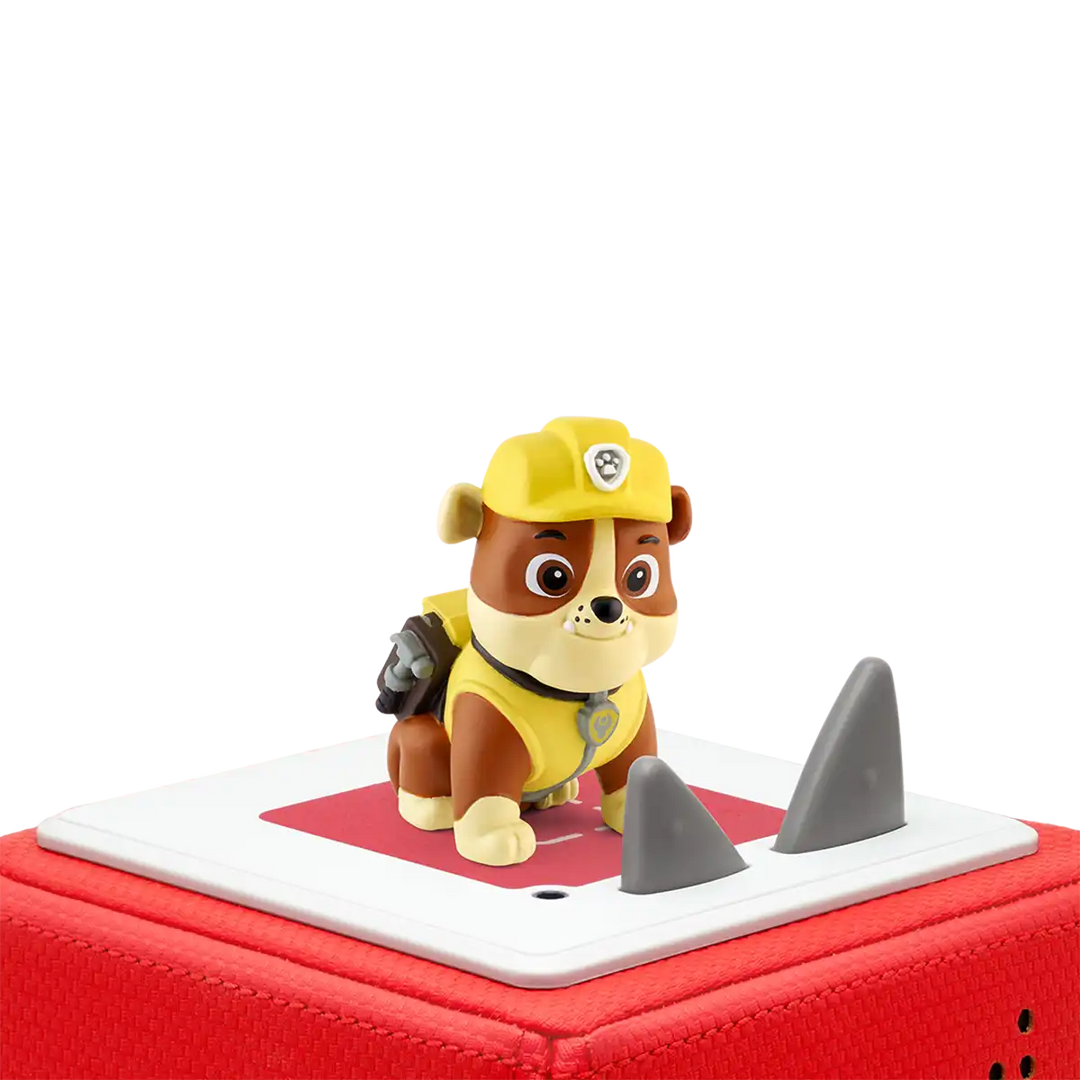 Paw Patrol Rubble Tonies audio book figure on top of a Toniebox 2 