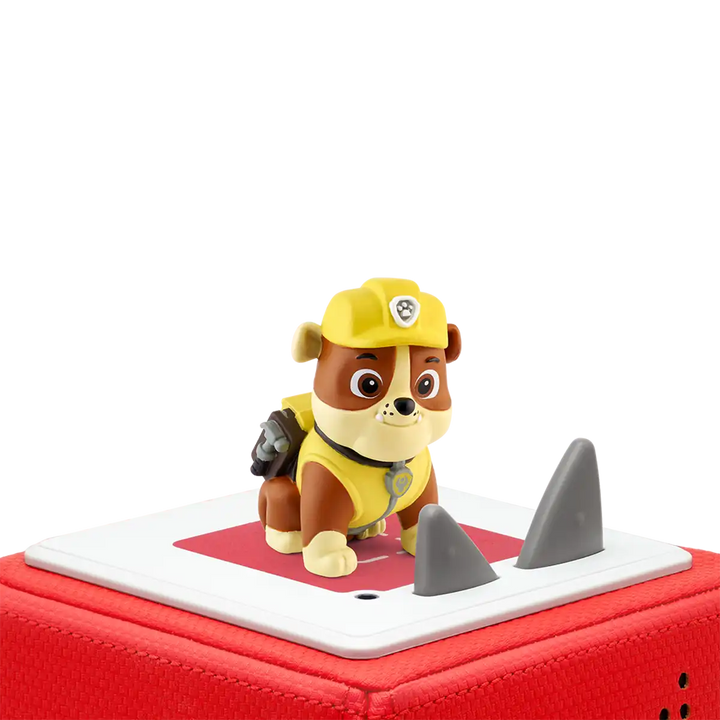 Paw Patrol Rubble Tonies audio book figure on top of a Toniebox 2 