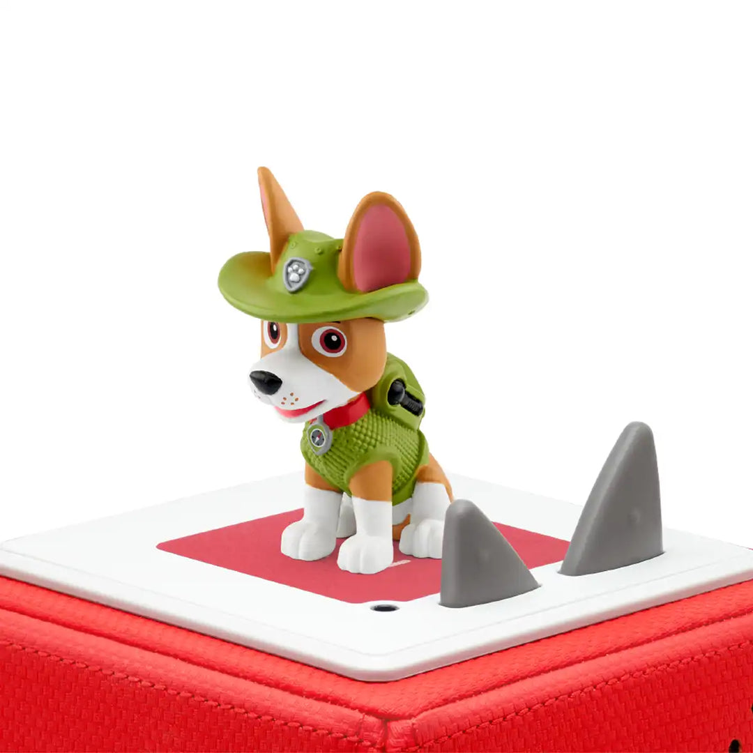 Paw Patrol Tracker Tonies audio book figure on top of a Toniebox 2