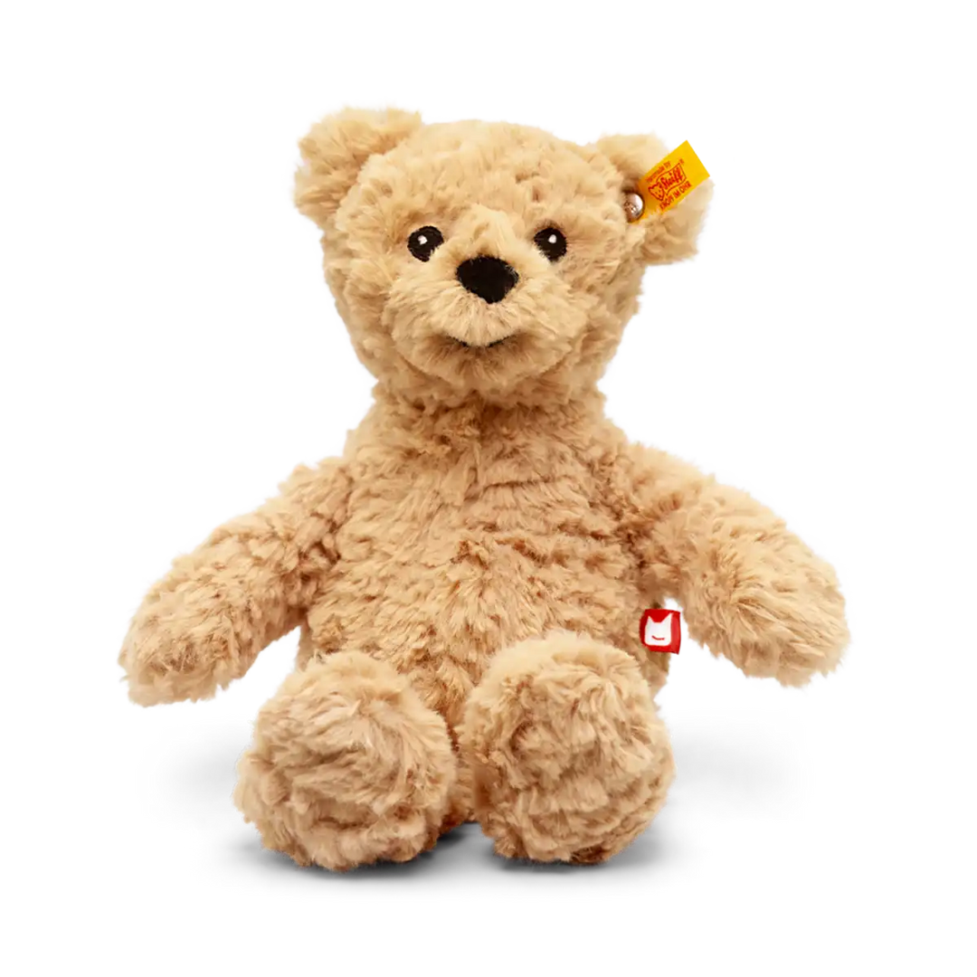 Close-up of the "Jimmy Bear" figure by Steiff and Tonies collaboration, designed for tactile and audio play for children