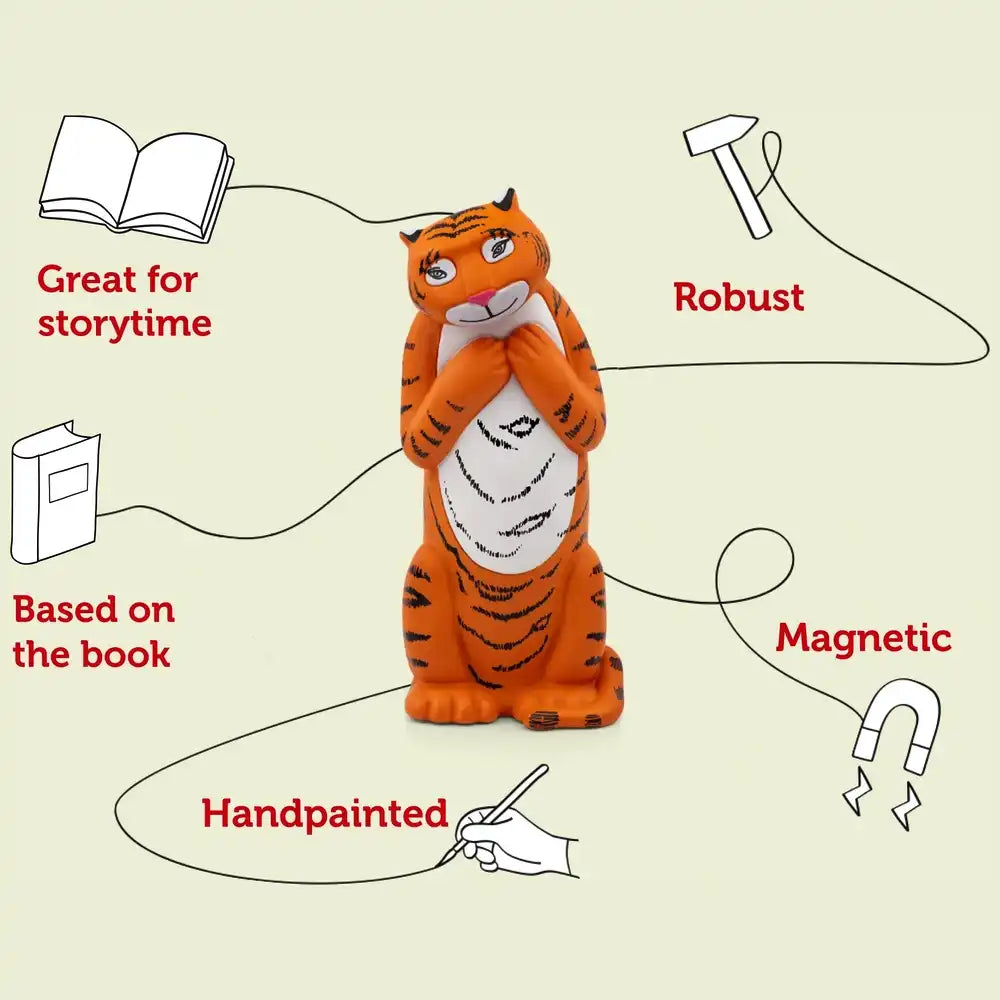 Detail view of Tonies audio figure "Tiger Who Came to Tea," part of Tonies’ immersive children’s audio collection.