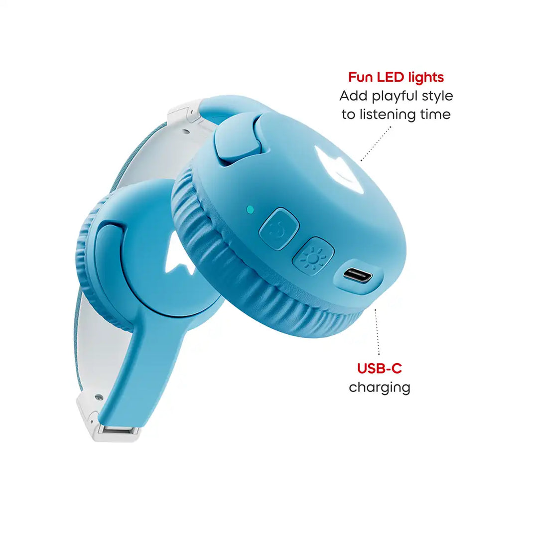 Tonies sky blue headphones with USB-C charging feature infographic on a white background