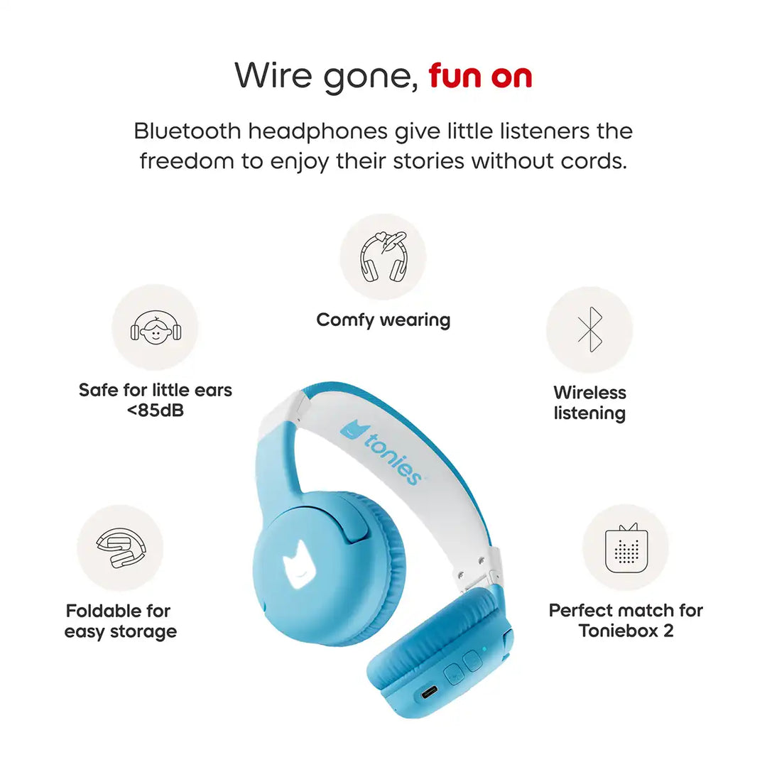 Tonies sky blue and white wireless headphones with features listed infographic on a white background