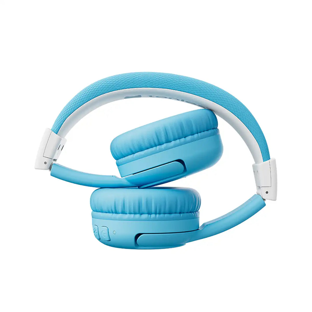 Sky blue Tonies bluetooth headphones with white accents on a white background