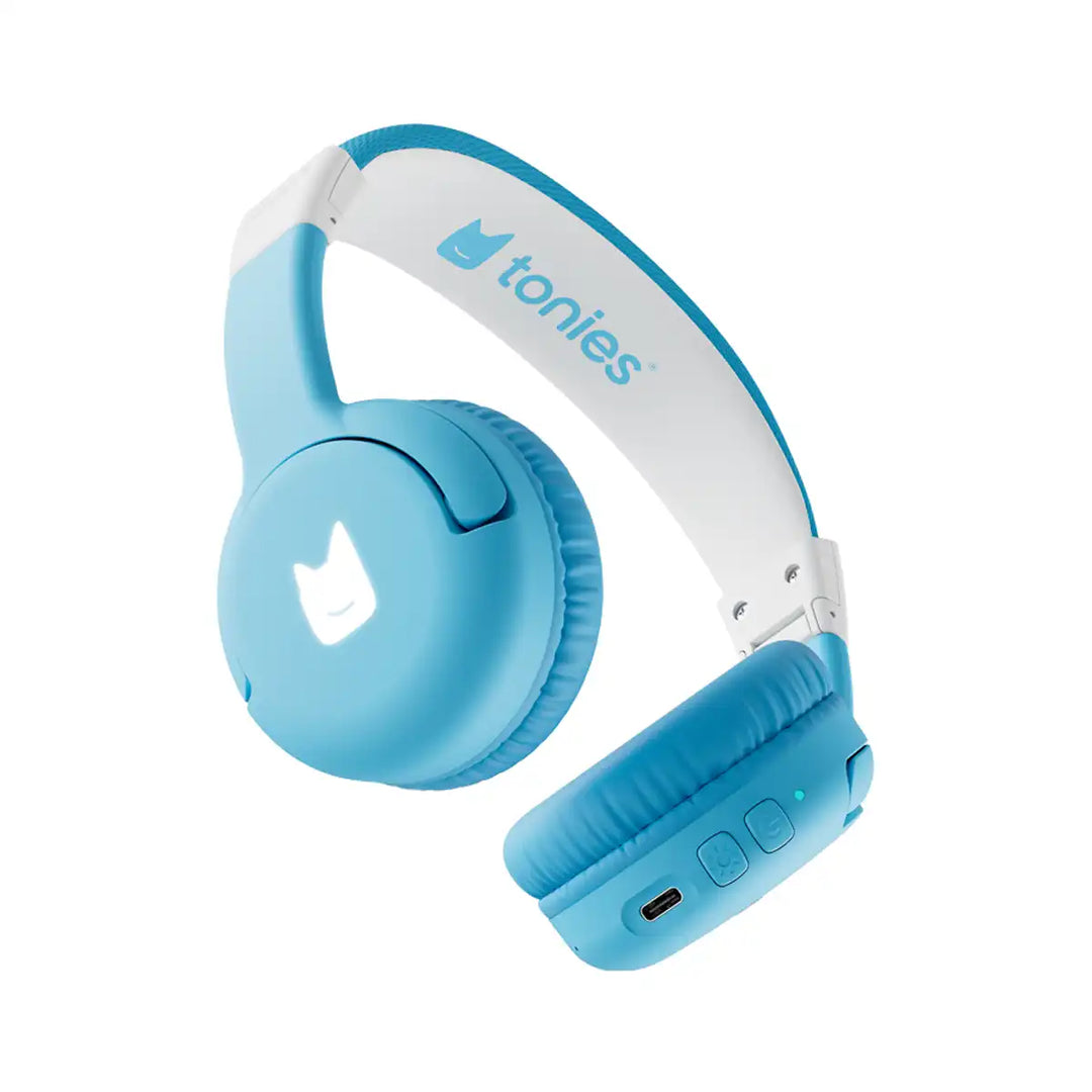 Sky blue and white bluetooth headphones with 'tonies' branding on a white background