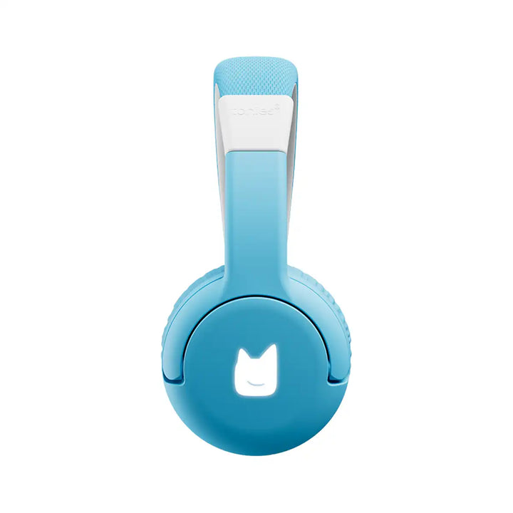 Sky blue Tonies bluetooth headphones with a white logo on a white background